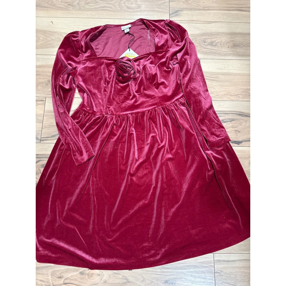 AVA VIV Womens Dress 1X Velvet Sweetheart Neckline Long Sleeve Burgundy Rose